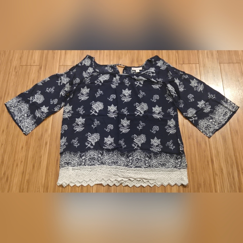 CB Established 1962 Navy Floral Lace-Hem Blouse